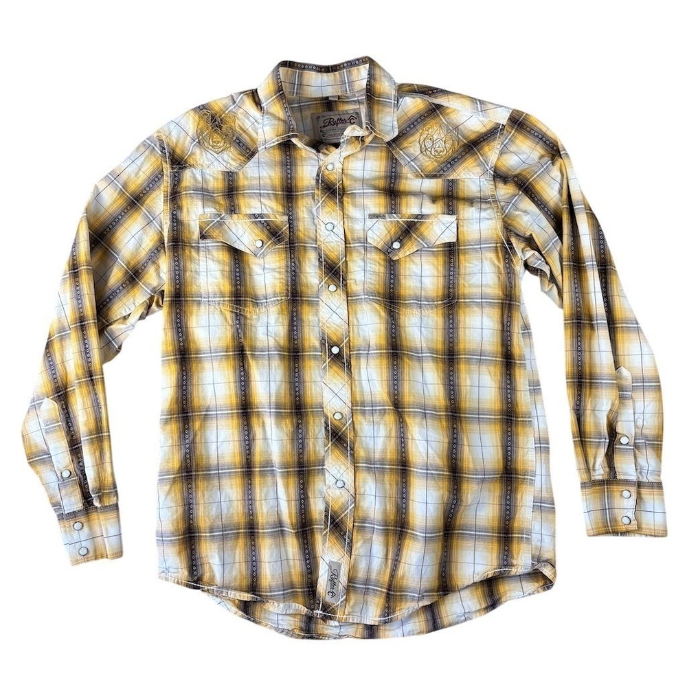 Rafter C Cowboy Collection Men's Shirt Size L Yellow Plaid Pearl‎ Snap